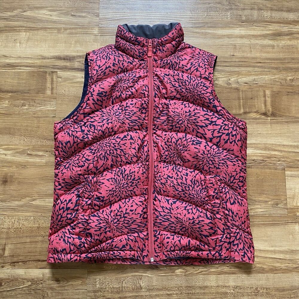 Lands End L Pink Floral Down Puffer Vest Full Zip Snap Pockets Outdoors Hiking